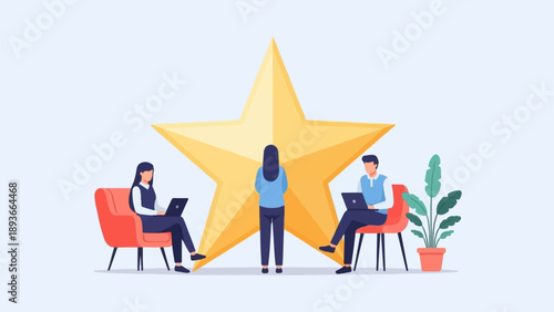 Three people sit on chairs working on laptops near a giant gold star