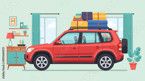 Red SUV packed with luggage on roof rack ready for trip