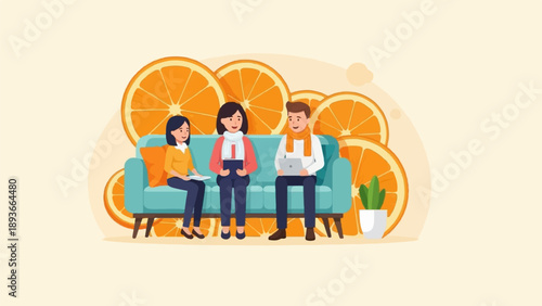 Three people sitting on a couch with oranges in the background