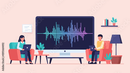 Two people in cozy chairs using laptops with sound wave visualization on screen