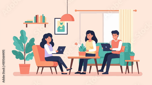 People working on laptops in a cozy living room with plants and bookshelves