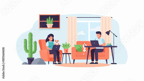 People working on laptops at home with pets and plants