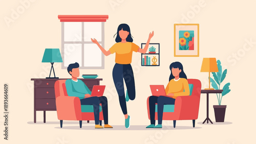 People working on laptops at home with a person dancing between them