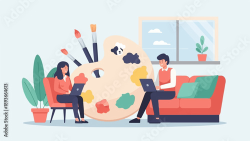 Two people working on laptops near a giant art palette