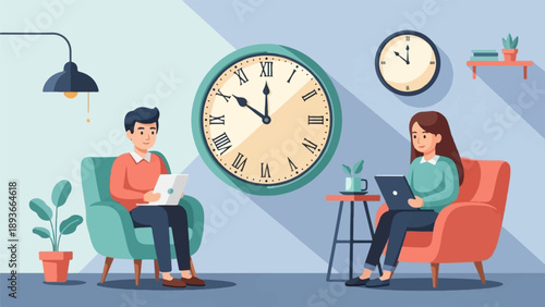 Two people in comfortable chairs, each working on a laptop, with clocks on the wall