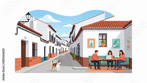 People working at a cafe on a sunny day in a quaint European town