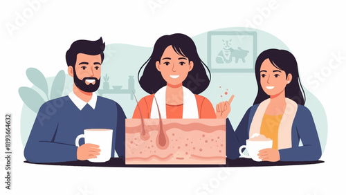 Three people with a skin cross-section and drinks