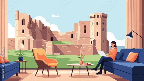 Woman works on laptop inside cozy room with view of ancient castle ruins