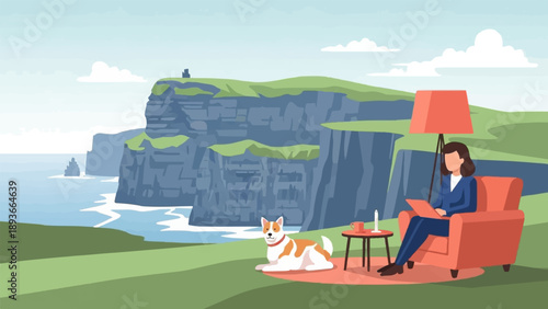 Woman works on laptop with dog by cliffside ocean view
