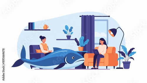 Women working on laptops in a surreal living room with a giant fish