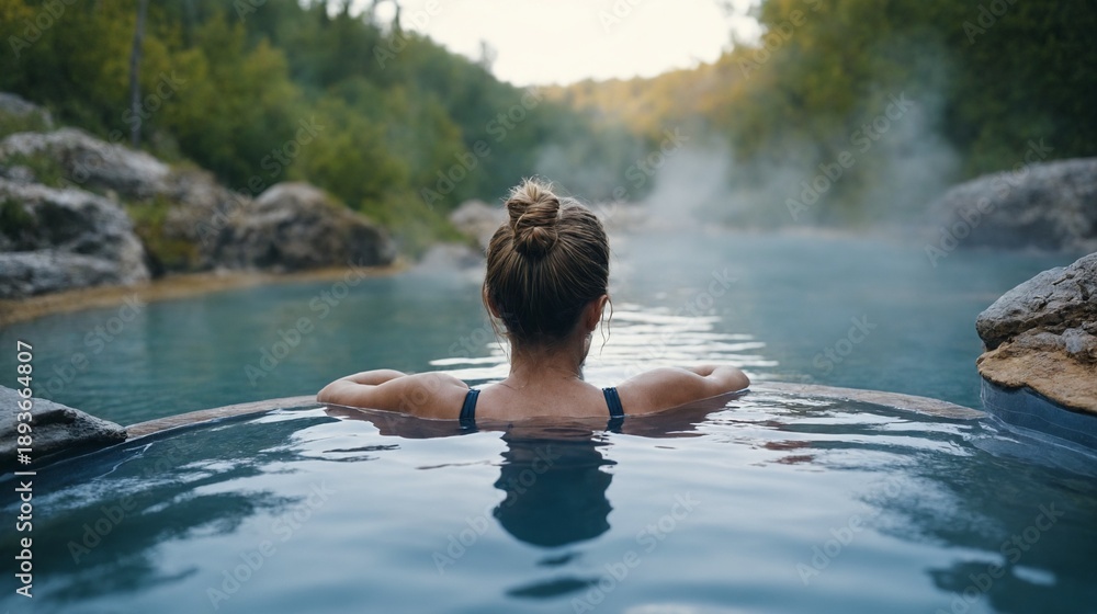Fototapeta premium Woman in Thermal Pools with Mountain View and Relaxation