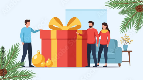 People gather around a giant gift box with festive decorations