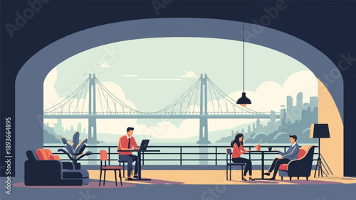 People working and relaxing in a modern cafe overlooking a bridge and cityscape