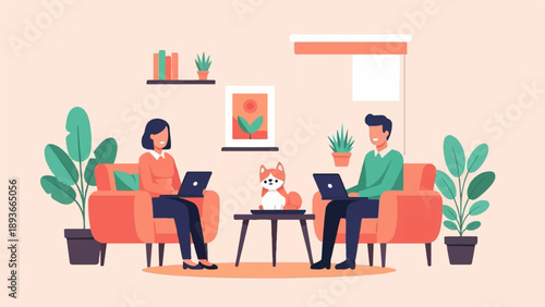 People work on laptops in cozy home with pet and plants