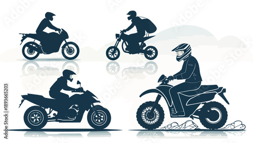 Motorcycle riders in various poses on different bike types silhouettes on white background