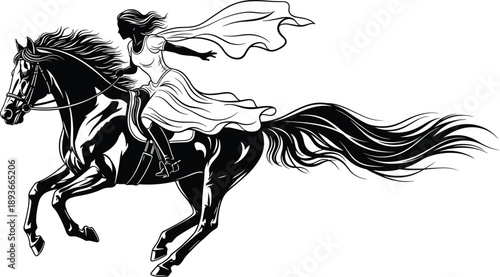 Adobe Stock Title Elegant Black Silhouette of a Graceful Woman in a Flowing Dress Riding a Fast Galloping Horse Isolated on White Background