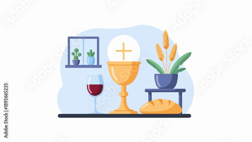 Religious symbols, wine glass, bread, wheat, and potted plants on display