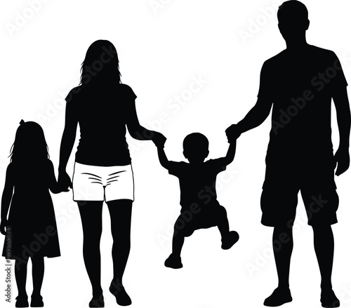 Adobe Stock Title Happy Young Family of Four Holding Hands Black Silhouette Parents with Two Children Walking Together Isolated on White Background for Family Values Design