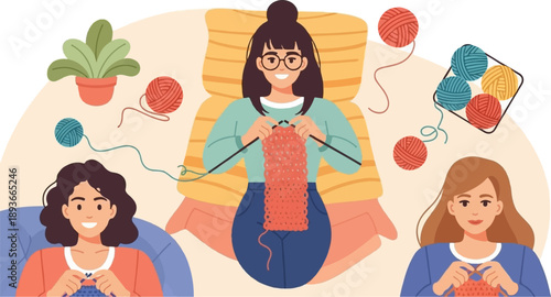 Three women enjoying knitting together with yarn and plant