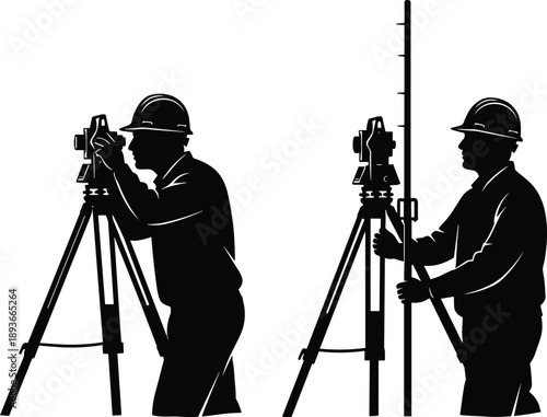 Adobe Stock Title Set of Black Silhouettes Featuring Professional Land Surveyors Using a Theodolite and Measuring Rod on a Construction Site Isolated on White
