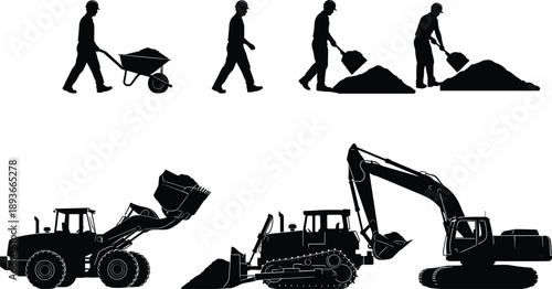 Adobe Stock Title Set of Industrial Black Silhouettes Featuring Heavy Construction Machinery Including Excavator Bulldozer and Workers with Wheelbarrows on White Background