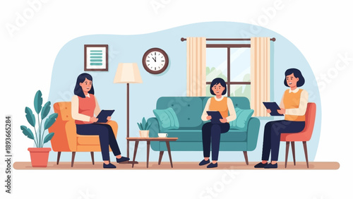 Three women sit in a living room, each holding a tablet