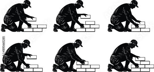 Adobe Stock Title Set of Six Black Silhouettes Featuring Professional Bricklayers and Masons Building a Brick Wall Isolated on White Background for Construction Design