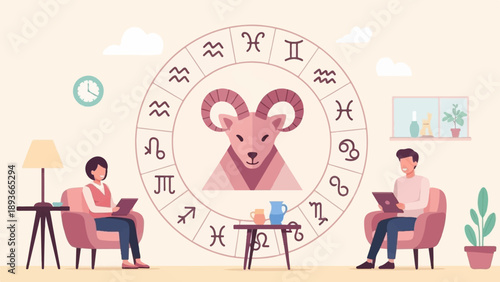 People sitting with tablets near zodiac wheel and a ram