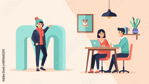 People collaborating in a modern office space with minimalist decor and a dog portrait