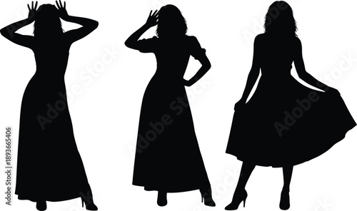 Adobe Stock Title Set of Three Elegant Female Silhouettes in Formal Evening Gowns and Wedding Dresses Including Bride with Flower Bouquet Isolated on White Background