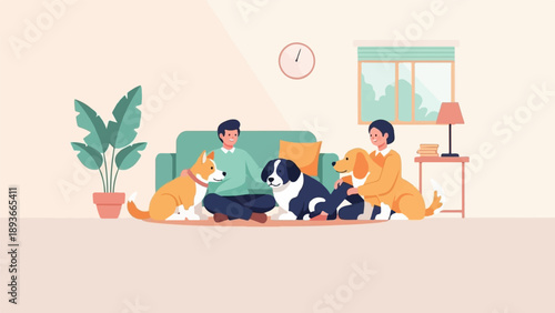 People and their dogs relax on the floor in a cozy living room with plants and furniture