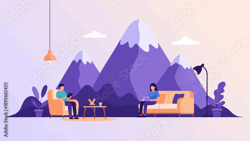 People relaxing in a room with a mountain backdrop and indoor plants