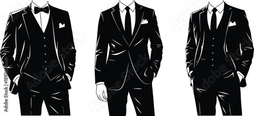 Black and white silhouette of three formal men’s suits with bow tie, necktie, vest, and pocket square fashion styles