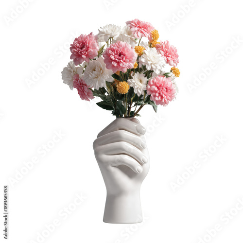 isolated white background of a stylized white ceramic vase shaped like a delicate hand, gracefully holding a full bouquet of pink and white flowers.