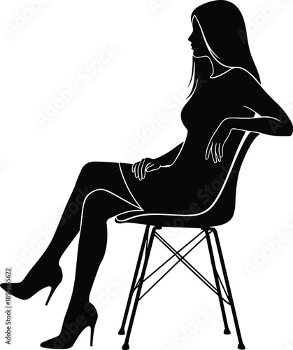 Silhouette of woman sitting on modern chair with relaxed posture, long hair, dress, and high heels