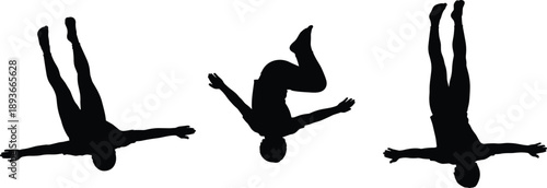 Silhouette sequence of person performing backflip in three dynamic stages showing athletic motion and body rotation