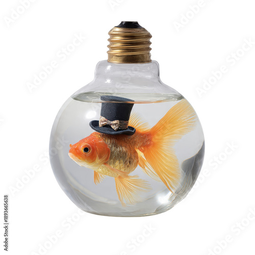 isolated white background of a goldfish wearing a top hat inside a glass light bulb filled with water, whimsical and conceptual image.
