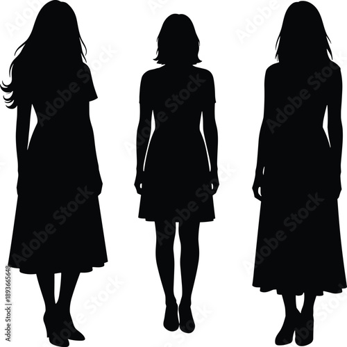 Silhouettes of three standing women in dresses and heels showing posture and fashion variation in front and side views