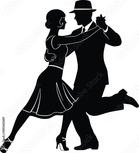 Vintage Style Silhouette of Elegant Couple Dancing Argentine Tango in Retro 1920s Attire Isolated on White Background for Ballroom Design