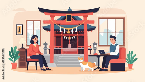 People and dog near traditional shrine in a cozy room
