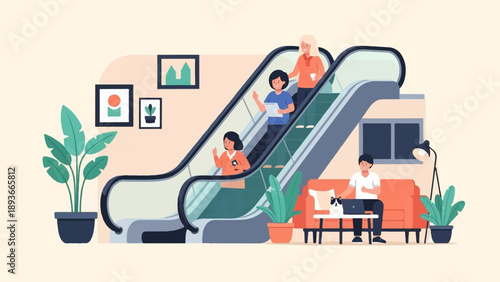 People and dog interacting in a modern, abstract interior space