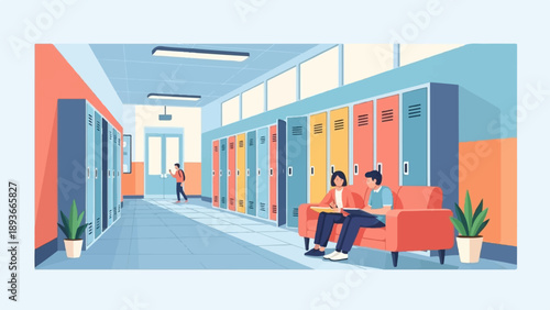 School hallway with colorful lockers, students studying on a couch, and one walking