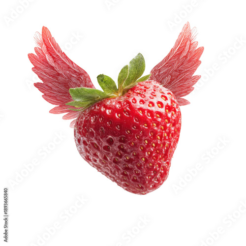 isolated white background of a fresh, ripe red strawberry with delicate, tiny red wings, creating a whimsical and magical floating fruit.