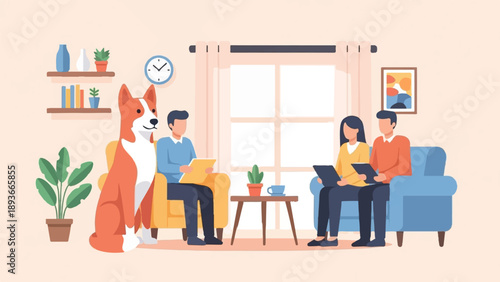 People and dog in a living room with books, plants, and artwork