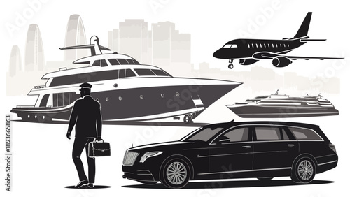 Luxury transport vector set with limousine yacht airplane and speedboat silhouette