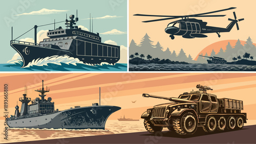 Military vehicles and ships in action including tanks helicopters and naval vessels in various environments