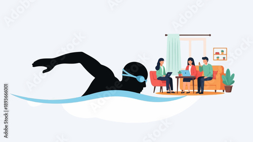 Silhouetted swimmer contrasted with people working indoors on laptops