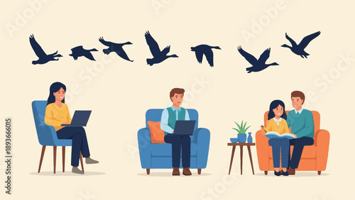 Silhouettes of flying birds above three scenes of people relaxing at home