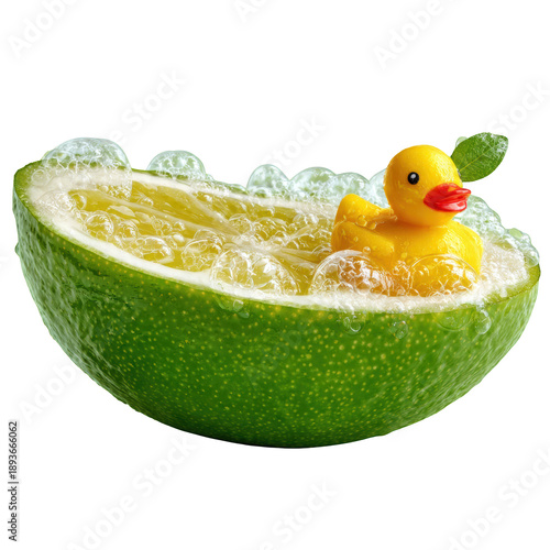 isolated white background of a halved lime filled with bubbly water, resembling a miniature bathtub, with a tiny rubber duck floating inside.