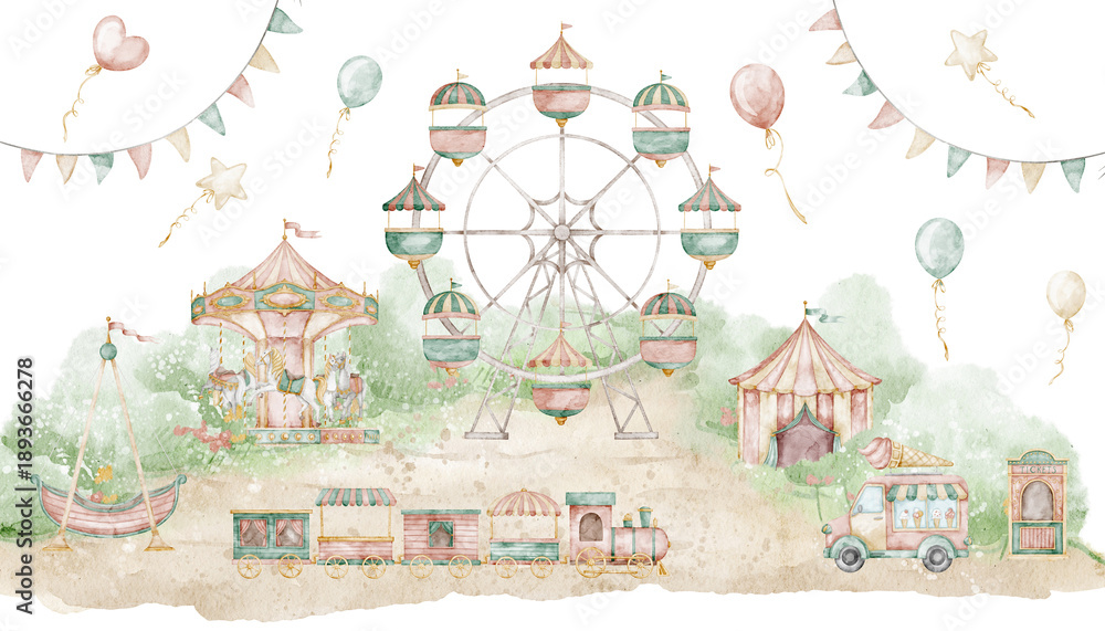 custom made wallpaper toronto digitalWatercolor Amusement Park with rides and attractions in pastel tones. Whimsical illustration with Ferris wheel and Carousel for children books, nursery posters, childish party invitations.